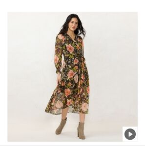 Lauren Conrad Floral Wrap Maxi Dress Surplice Neckline Chiffon Lined Size XL